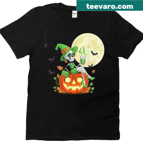 Skeleton witch holding matcha drink on Halloween-themed t-shirt