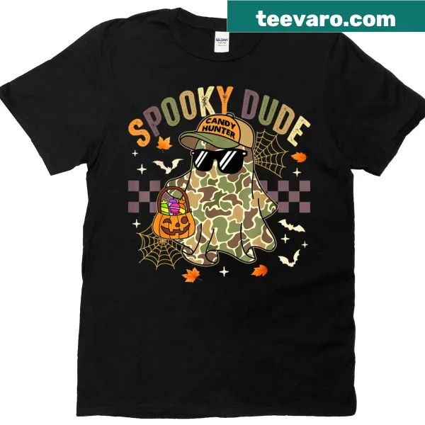 Camo ghost graphic T-shirt with 'Boo' text for Halloween