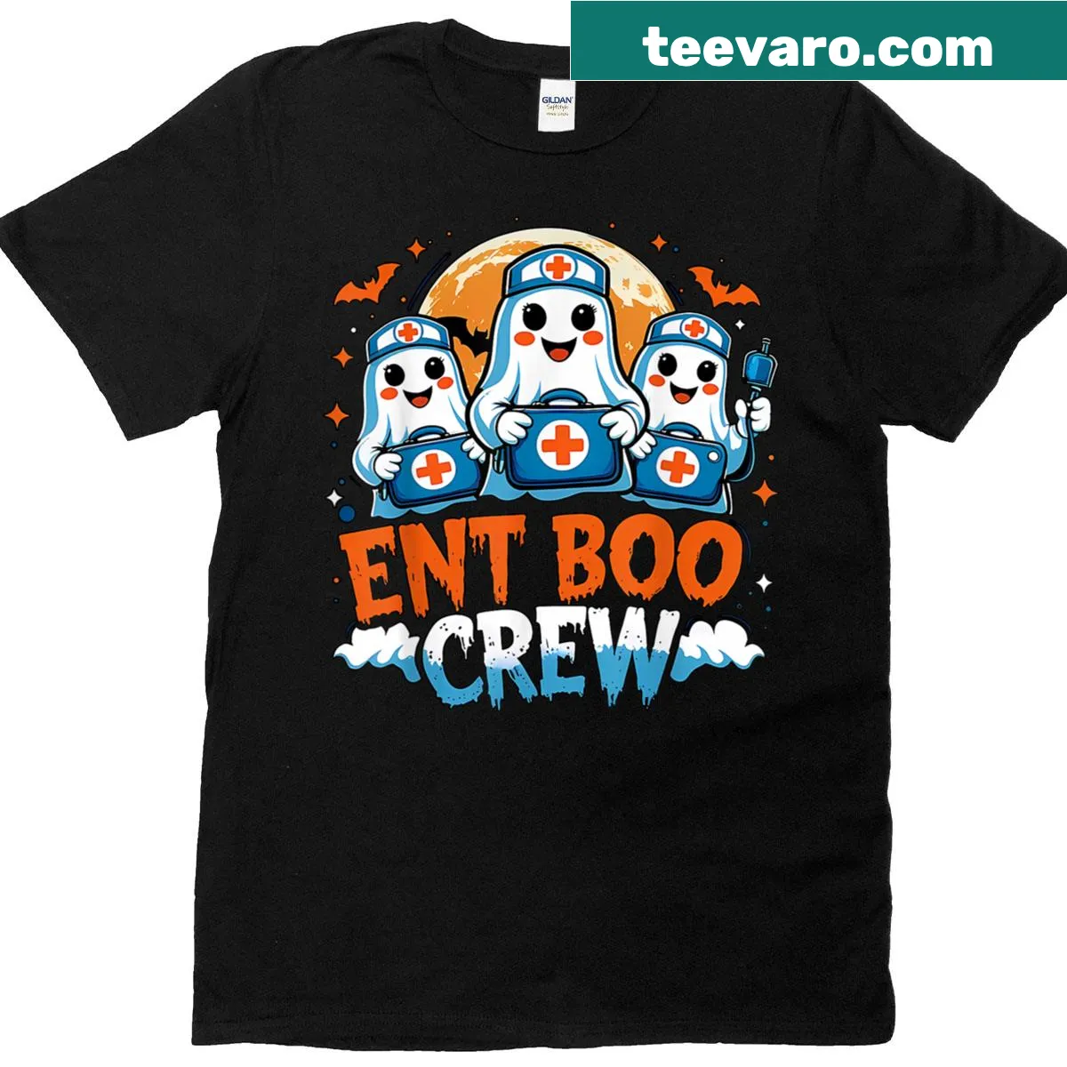 Funny Halloween nurse shirt with Boo Crew and otolaryngology text. — on a men's t-shirt