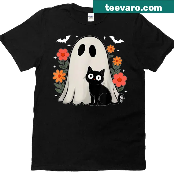 Spooky ghost cat graphic T-shirt for Halloween