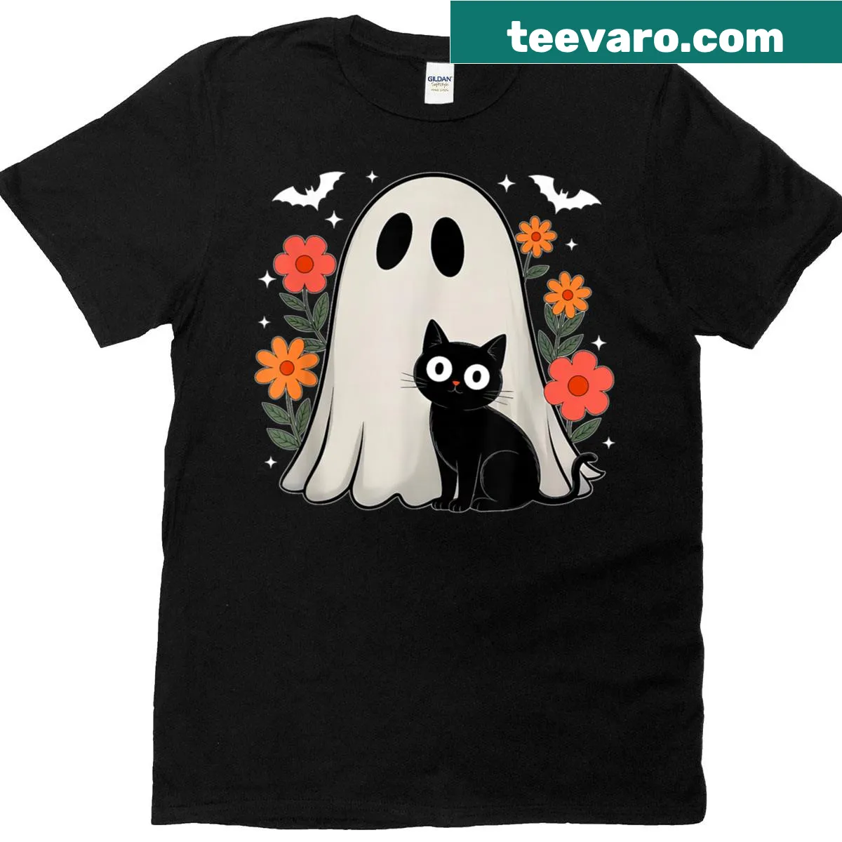 Spooky ghost cat graphic T-shirt for Halloween — on a men's t-shirt
