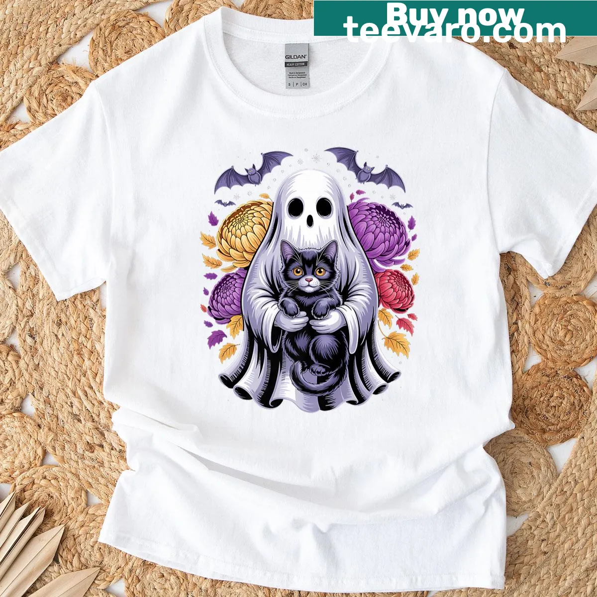 Cute ghost cats and pumpkin design for Halloween on a T-shirt — on a men's t-shirt