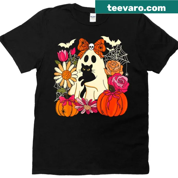 Playful ghost holding a black cat with floral elements on a Halloween t-shirt
