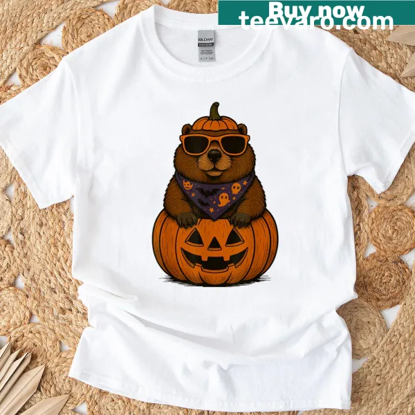 Cute Halloween t-shirt with spooky groundhog and pumpkin illustration