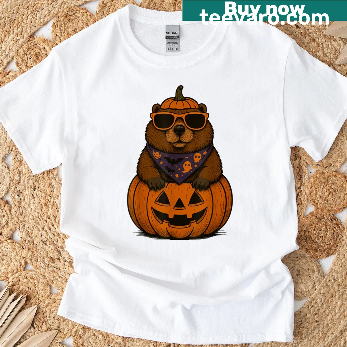 Cute Halloween t-shirt with spooky groundhog and pumpkin illustration — on a men's t-shirt