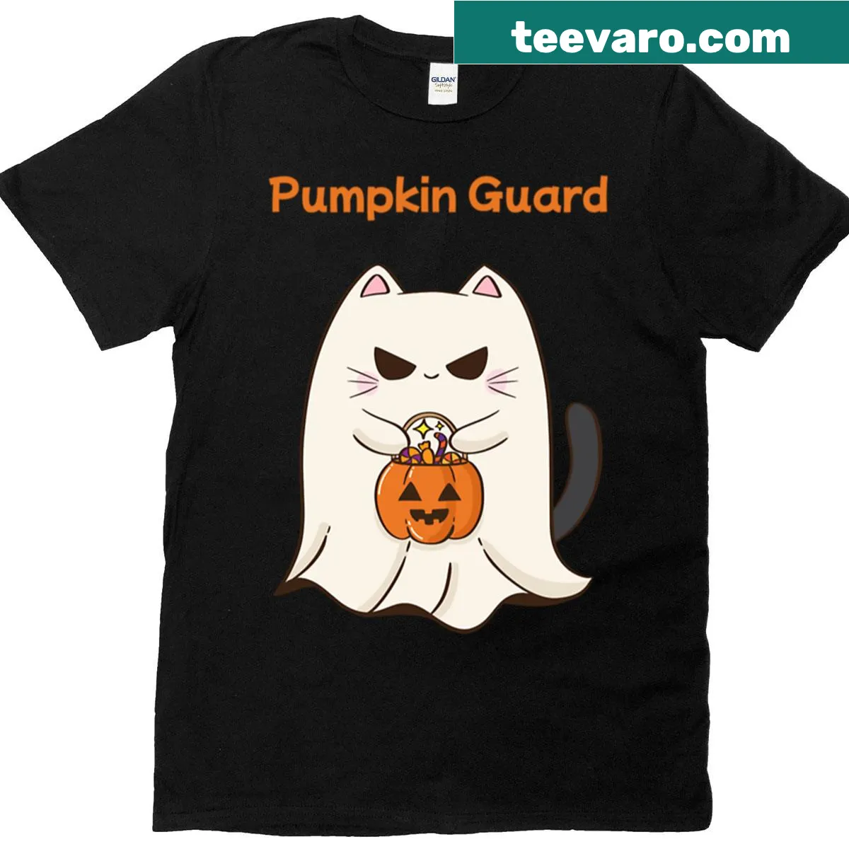 Halloween-themed T-shirt featuring a cat on a pumpkin guard — on a men's t-shirt