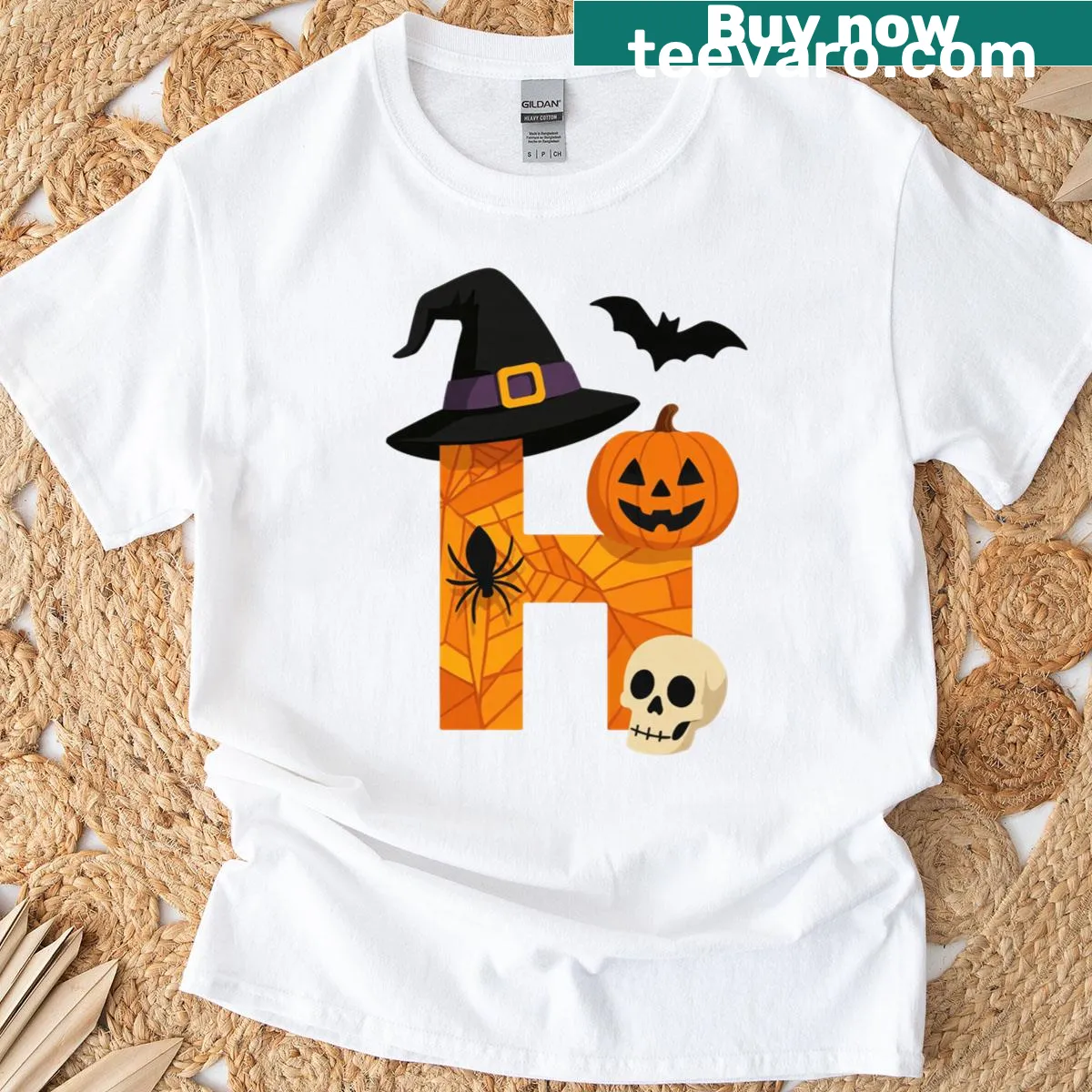 Halloween t-shirt with letter H design made of pumpkins — on a men's t-shirt
