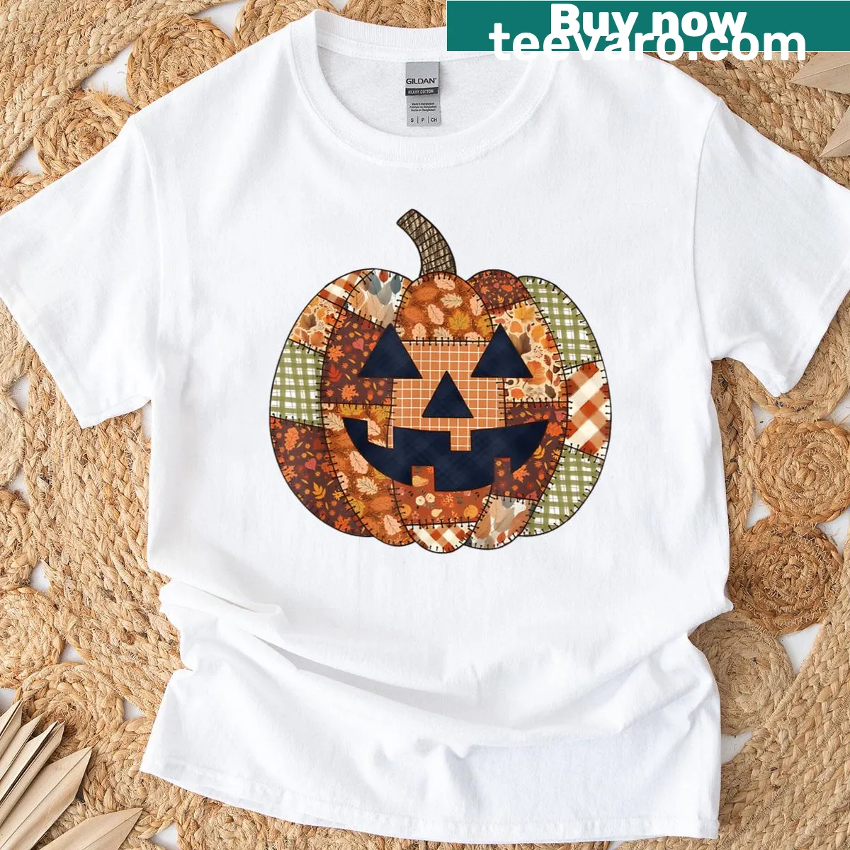 Cute patchwork pumpkin design T-shirt for Halloween — on a men's t-shirt