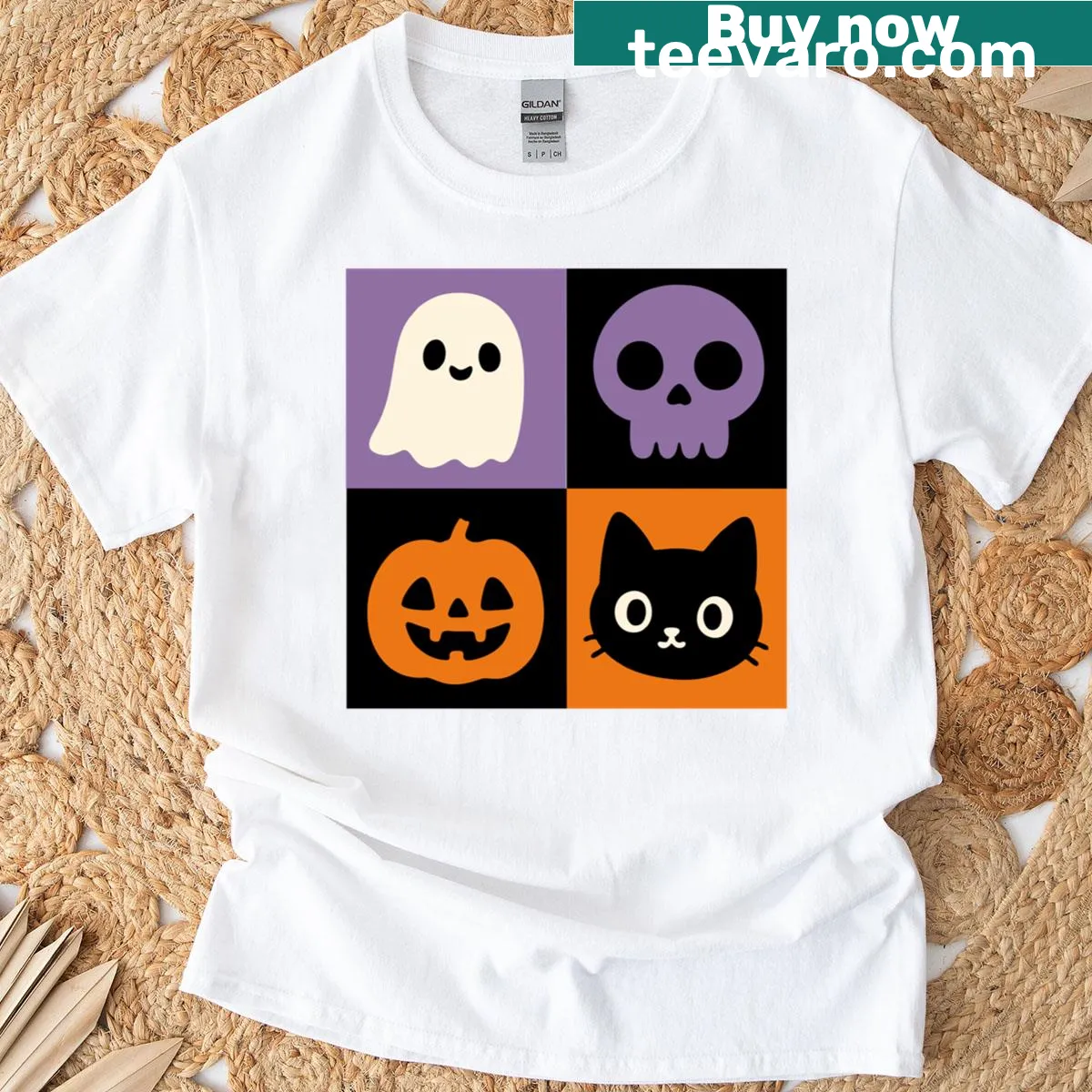 Cute Halloween T-shirt with retro skull, ghost, pumpkin, black cat — on a men's t-shirt