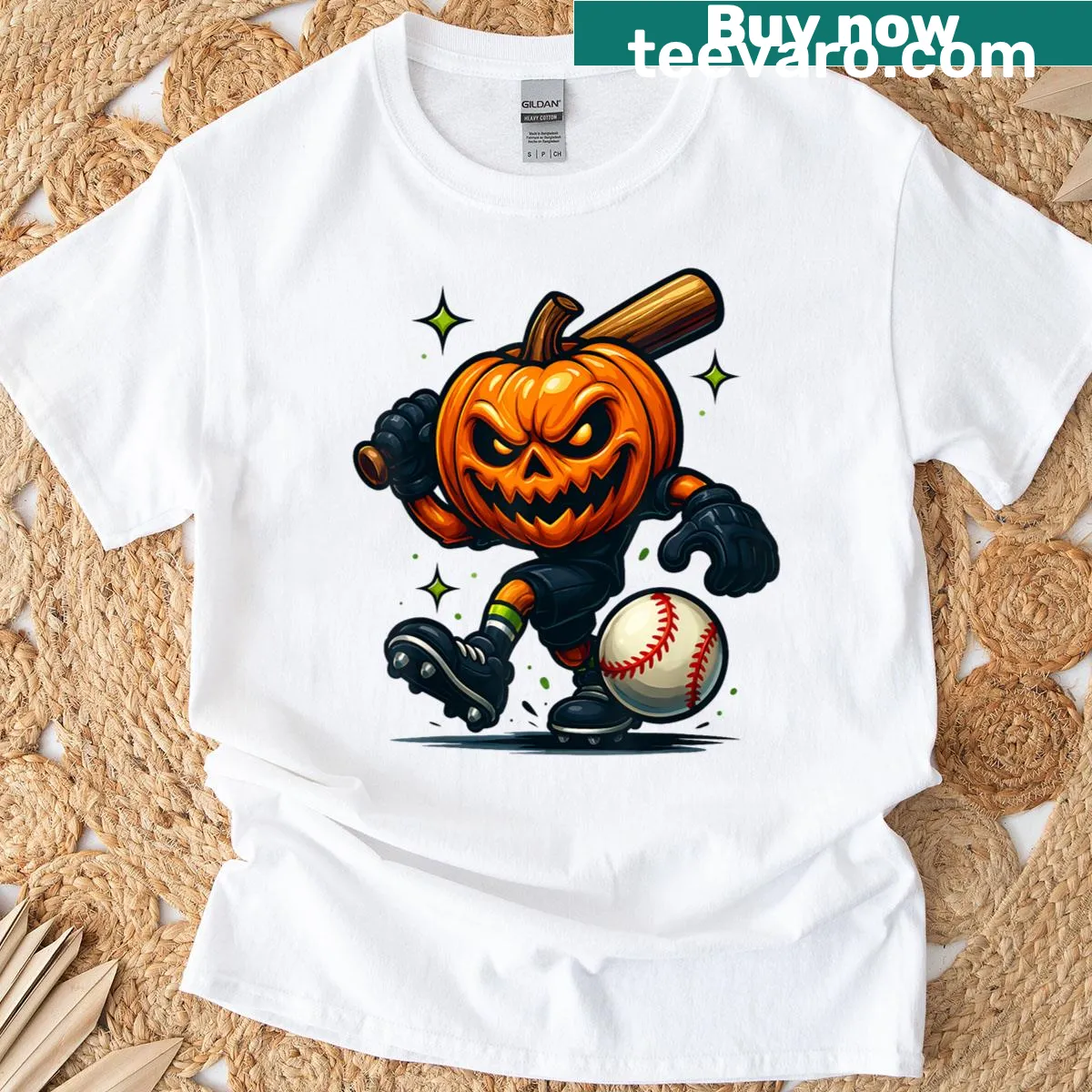 Cartoon pumpkin baseball player for Halloween — on a men's t-shirt