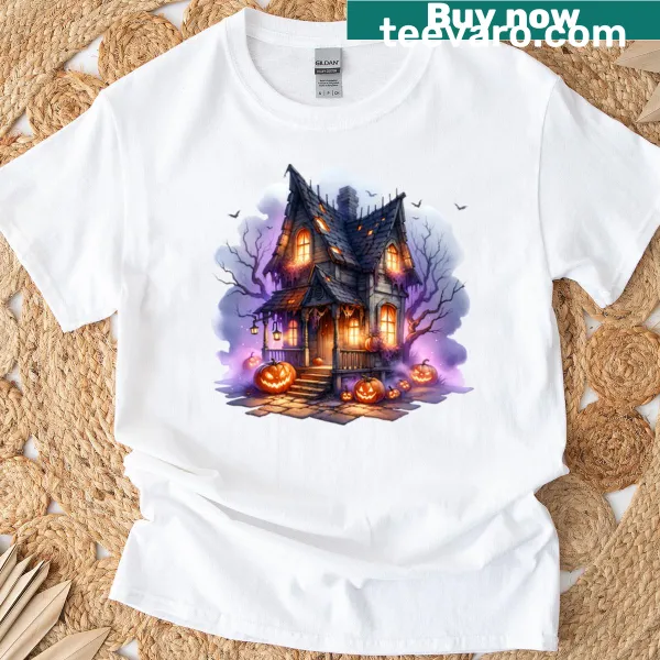 Haunted house surrounded by pumpkins on a Halloween shirt