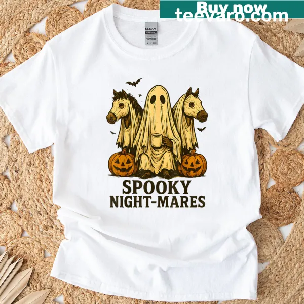 Cartoon ghost horses in a spooky Halloween design