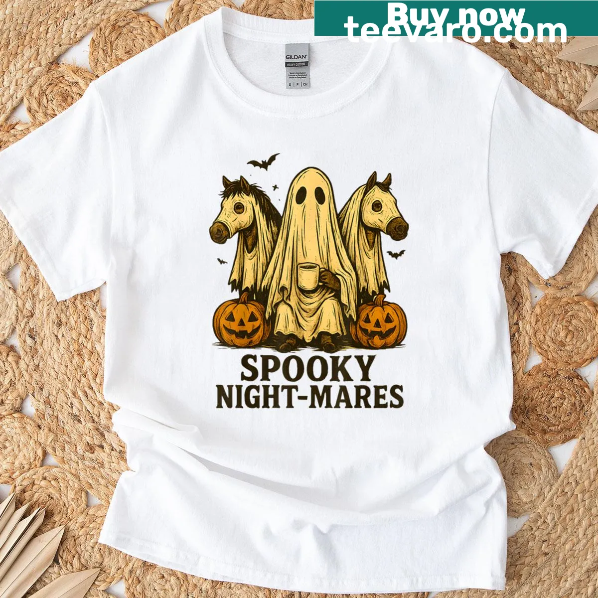 Cartoon ghost horses in a spooky Halloween design — on a men's t-shirt