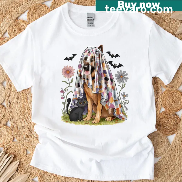 Halloween t-shirt with ghost and floral design featuring a German Shepherd