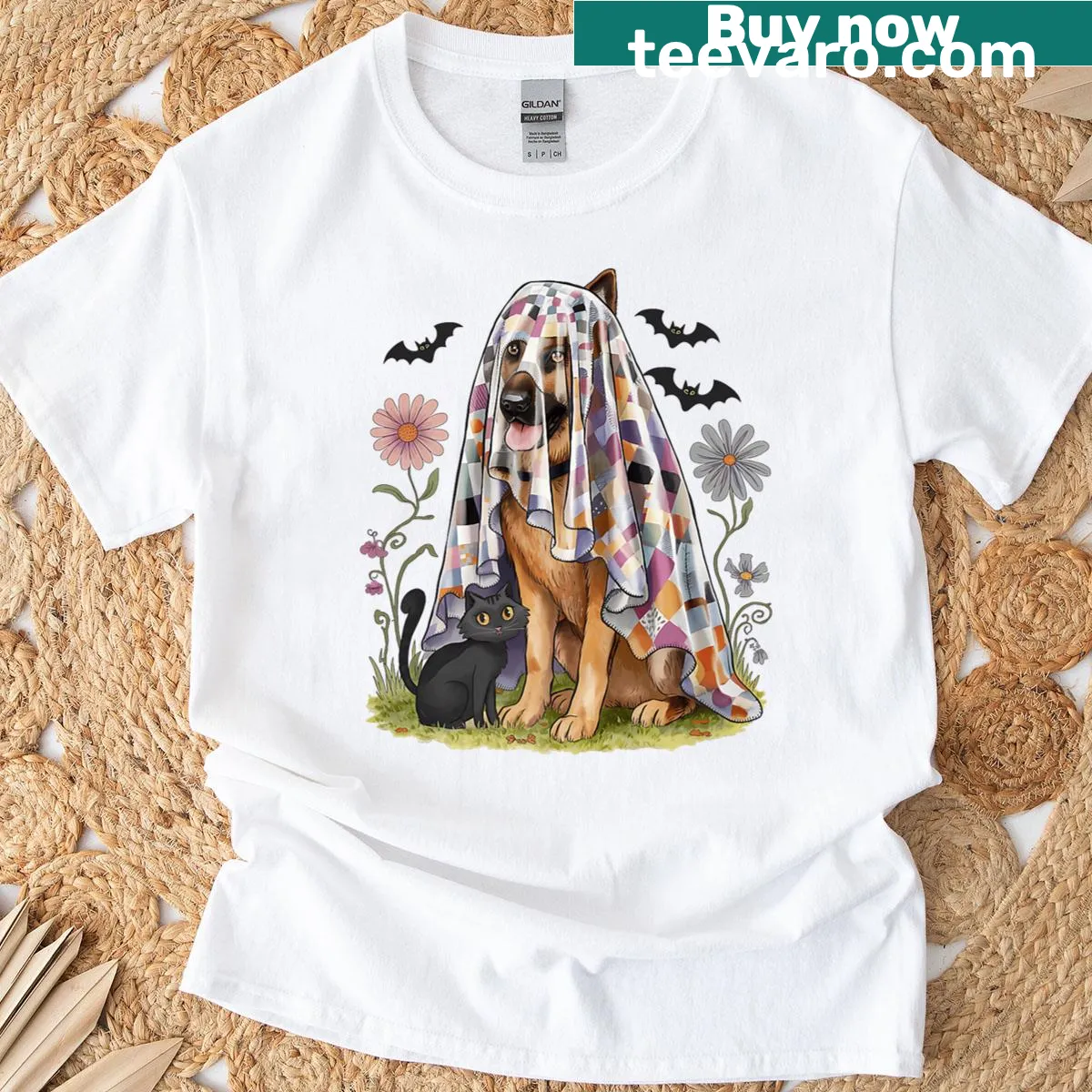Halloween t-shirt with ghost and floral design featuring a German Shepherd — on a men's t-shirt