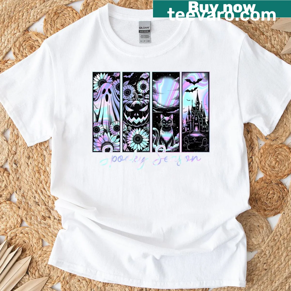 Cute Halloween T-shirt with ghost, pumpkin, black cats — on a men's t-shirt