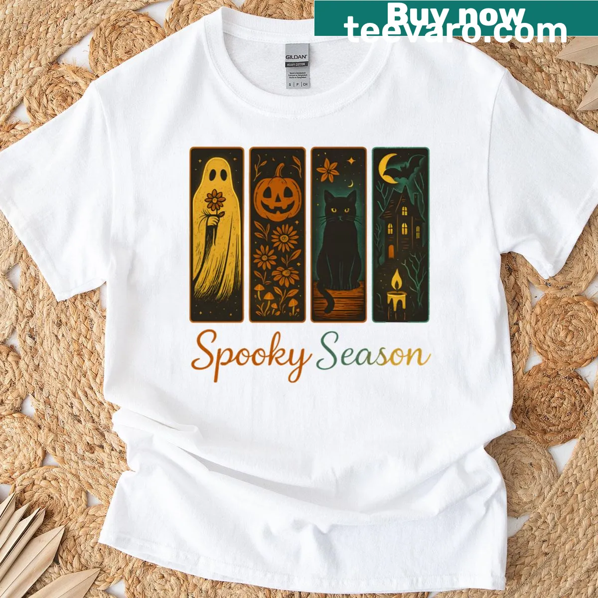 Retro T-shirt featuring a ghost, cat, and pumpkin design for Halloween — on a men's t-shirt