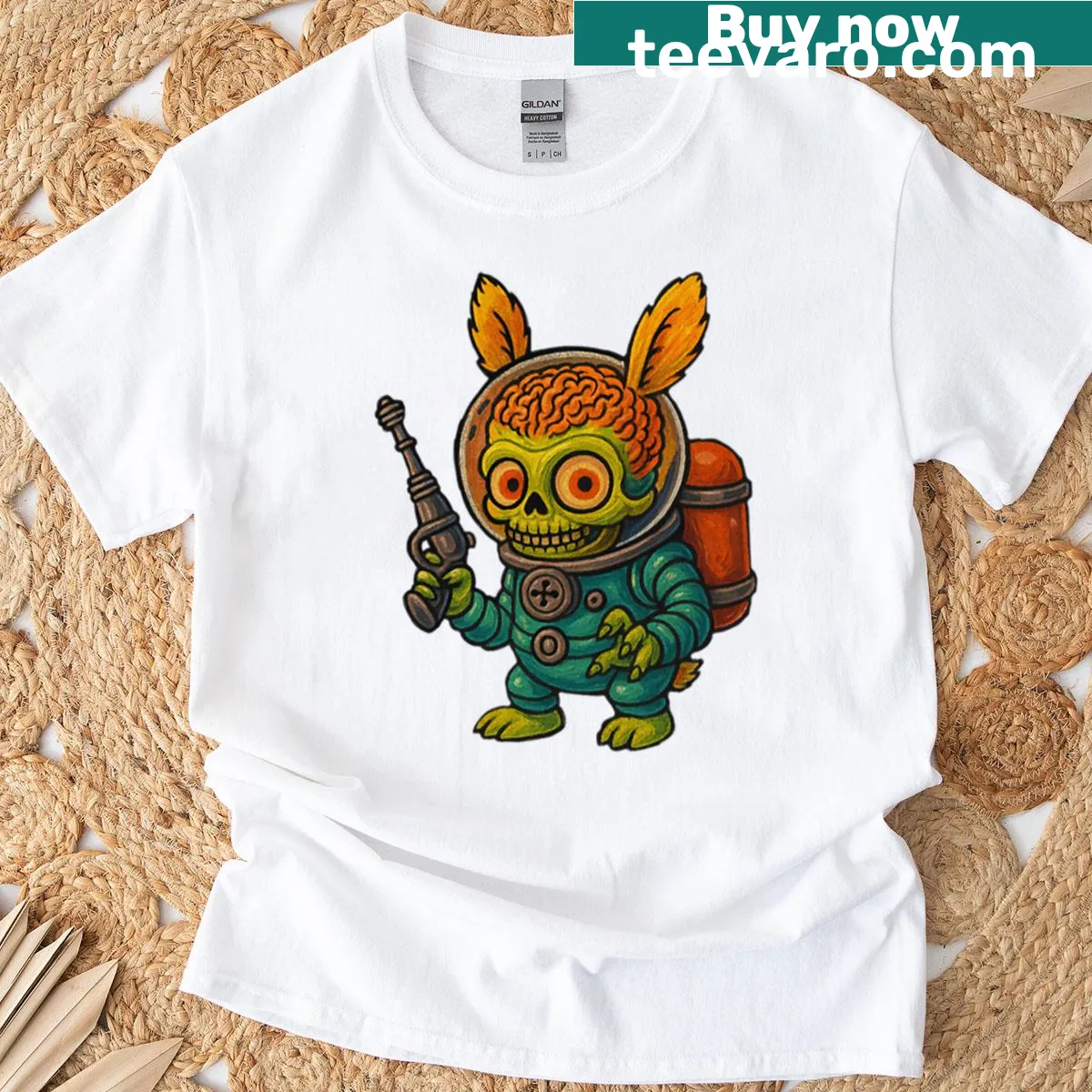 Cartoon T-shirt featuring a cute spooky space rabbit named Labubu — on a men's t-shirt