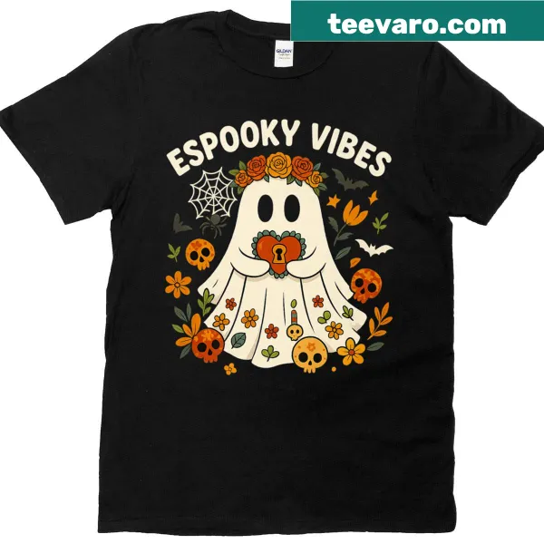 Mexican ghost and flower illustration with 'Boo' text for Halloween.