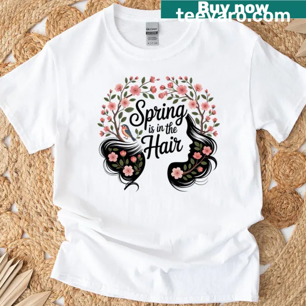 Playful T-shirt design featuring spring elements and a whimsical hairstyle.