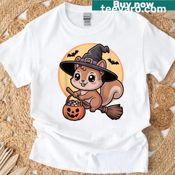 Cute squirrel in a witch hat with pumpkins on a Halloween shirt