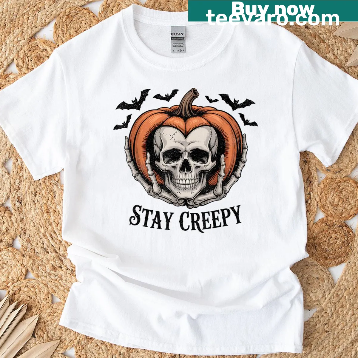 Halloween T-shirt with a dripping heart pumpkin skeleton design — on a men's t-shirt
