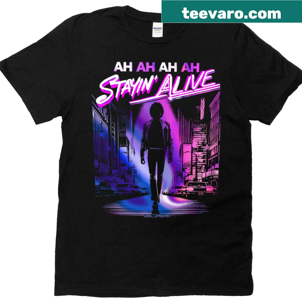 T-shirt with the phrase 'Staying Alive' in bold typography — on a men's t-shirt