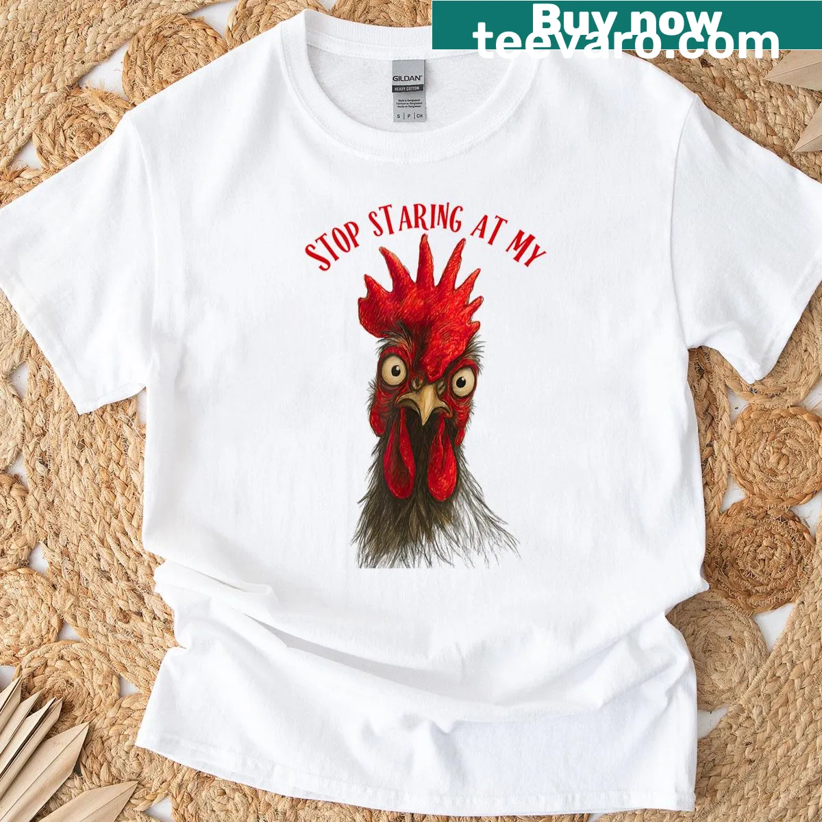 Funny chicken-themed t-shirt with cheeky text — on a men's t-shirt