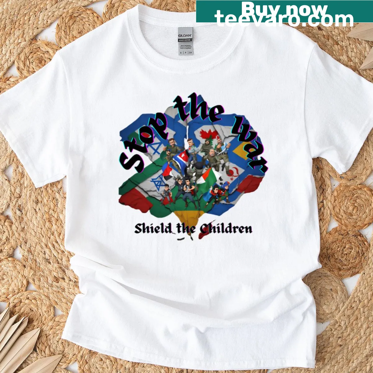 Bold T-shirt with the message 'Stop The War -shield The Children' — on a men's t-shirt
