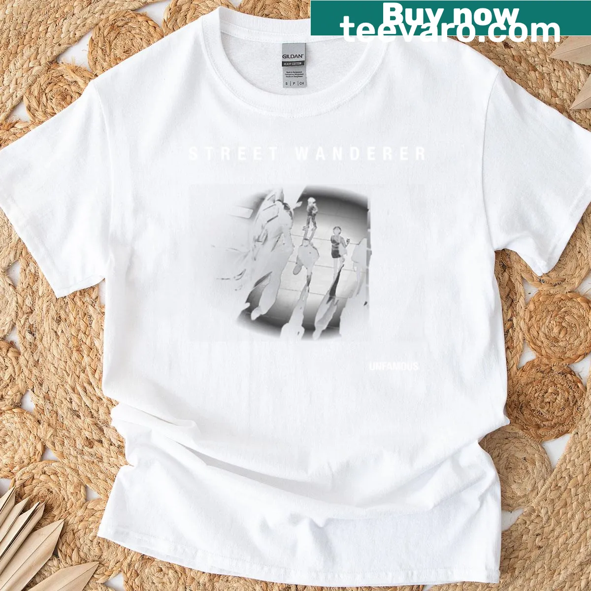 T-shirt featuring an illustration of a street wanderer hustling — on a men's t-shirt