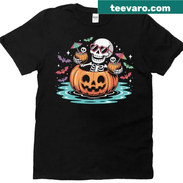 Funny Halloween T-shirt with a skeleton in a pumpkin float