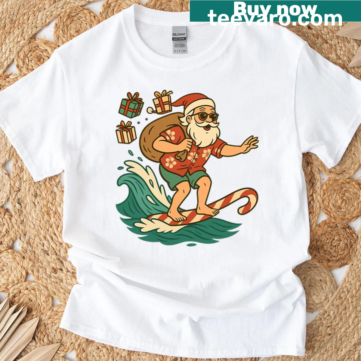 Retro Surfing Santa on a candy cane surfboard design — on a men's t-shirt