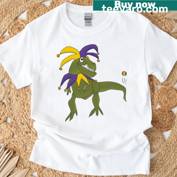 Humorous T-shirt featuring a T-rex as a jester
