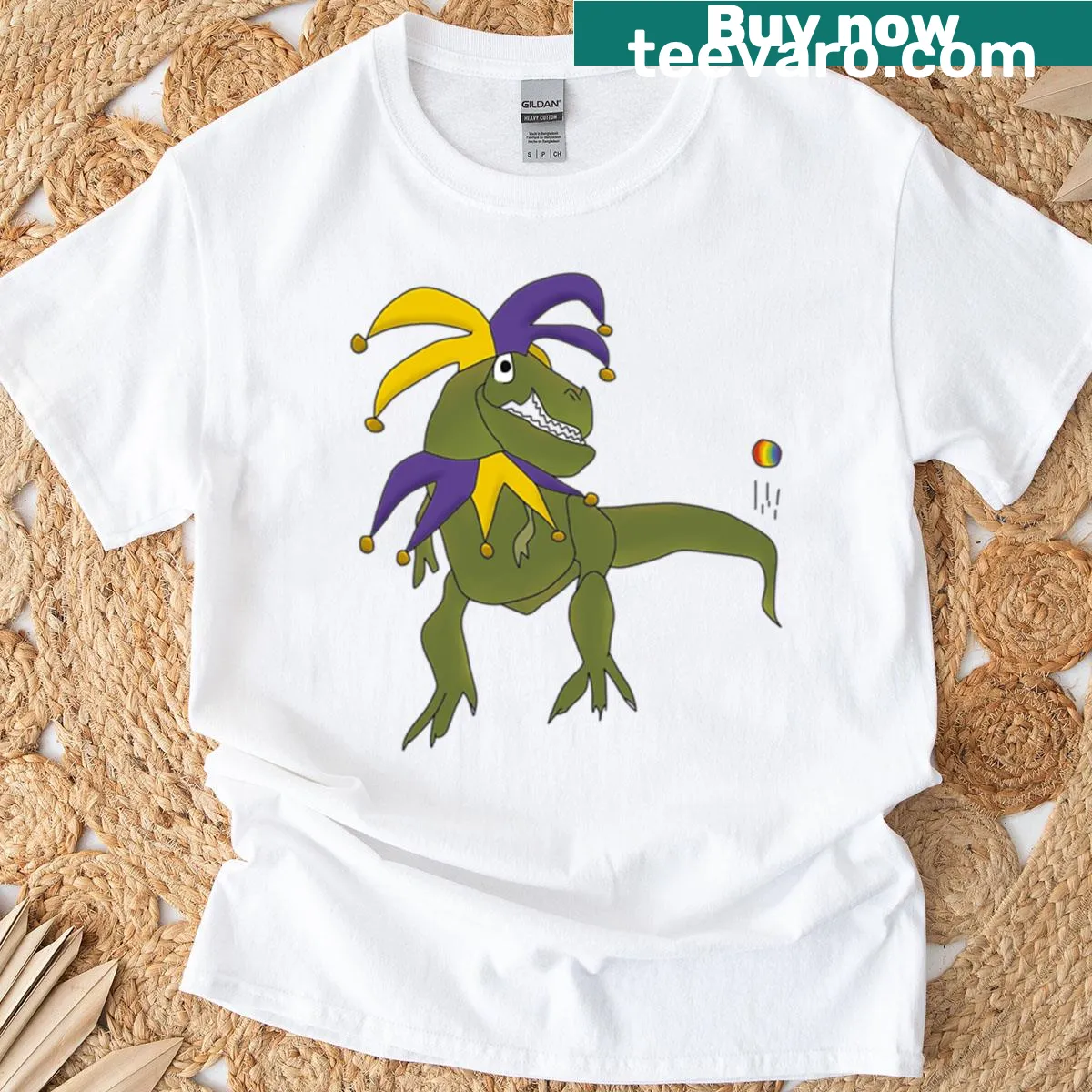 Humorous T-shirt featuring a T-rex as a jester — on a men's t-shirt