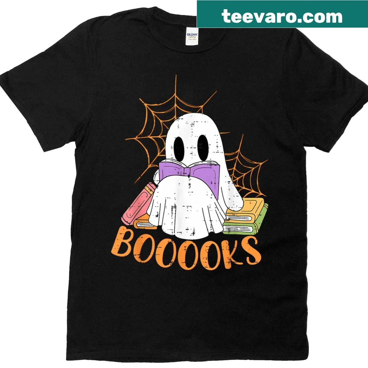 Funny Teacher Halloween T-shirt featuring a ghost with books — on a men's t-shirt