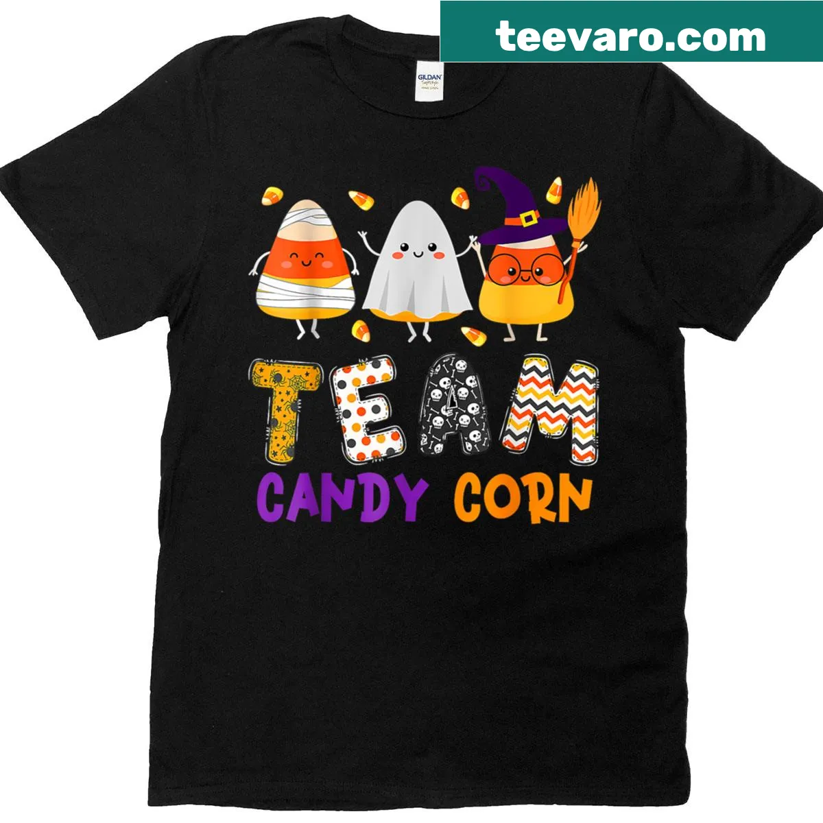 Humorous Halloween t-shirt with 'Team Candy Corn' and witch and mummy graphics. — on a men's t-shirt