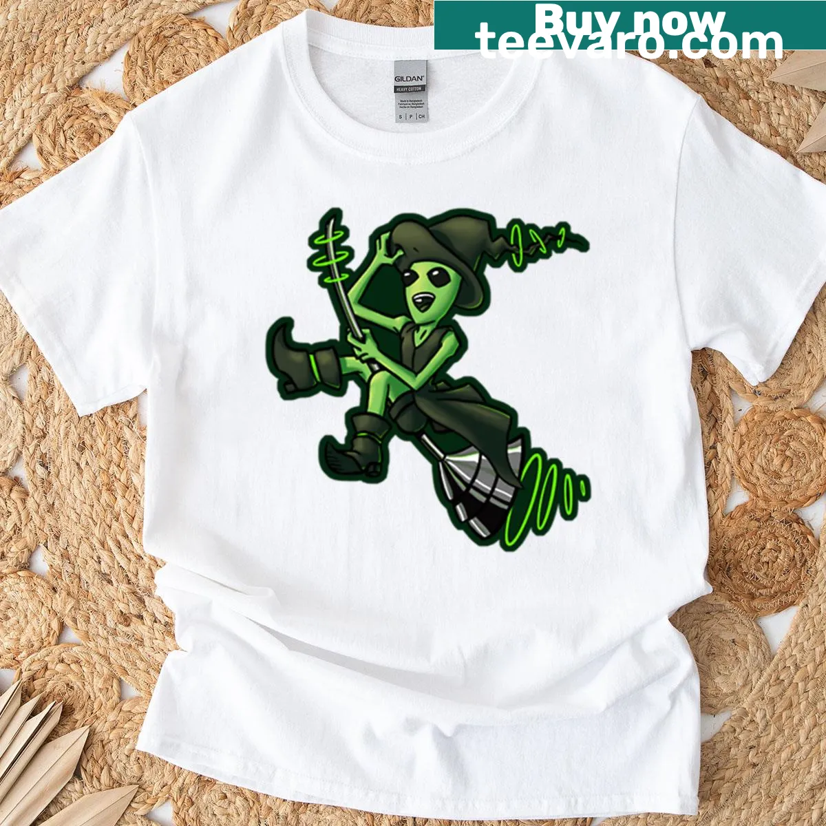 Techno witch and alien graphic on T-shirt — on a men's t-shirt