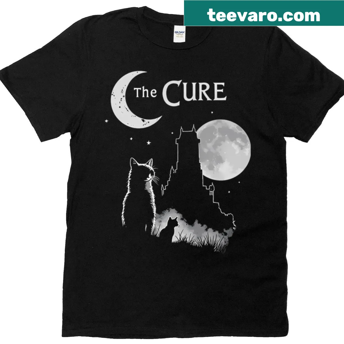 Vintage cat t-shirt featuring a cat silhouette against a moon — on a men's t-shirt