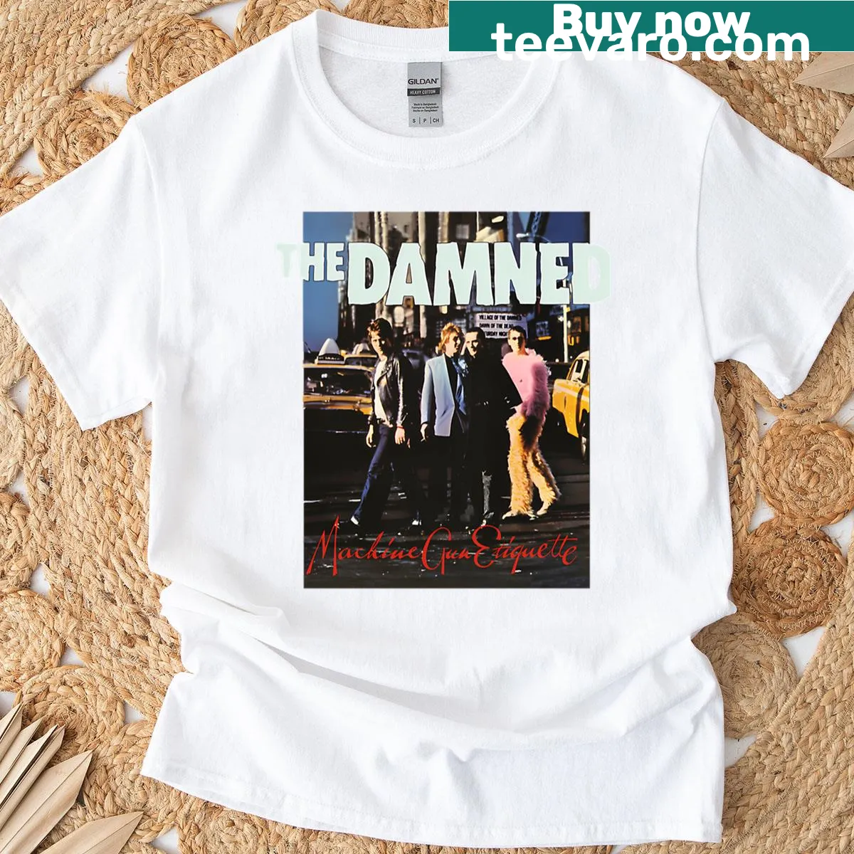 Punk rock-themed t-shirt with graphic inspired by Machine Gun Etiquette. — on a men's t-shirt