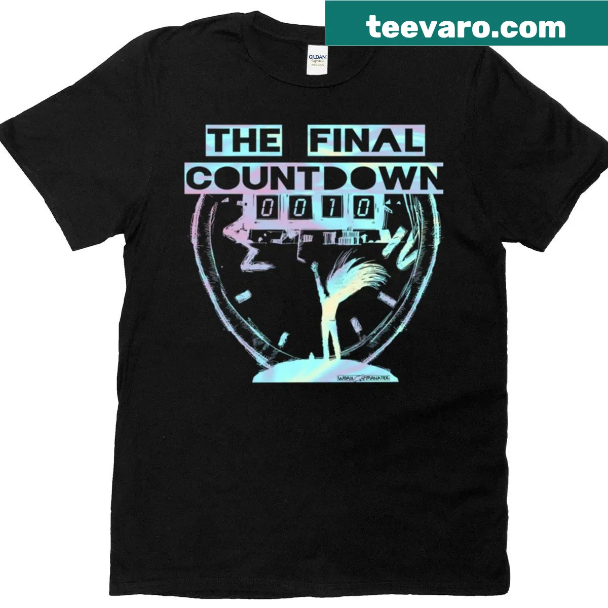 The Final Countdown T-shirt with bold music-themed text — on a men's t-shirt