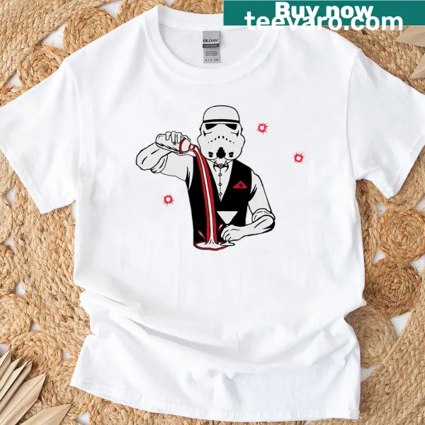 Whimsical illustration of a bartender mixing drinks on a T-shirt