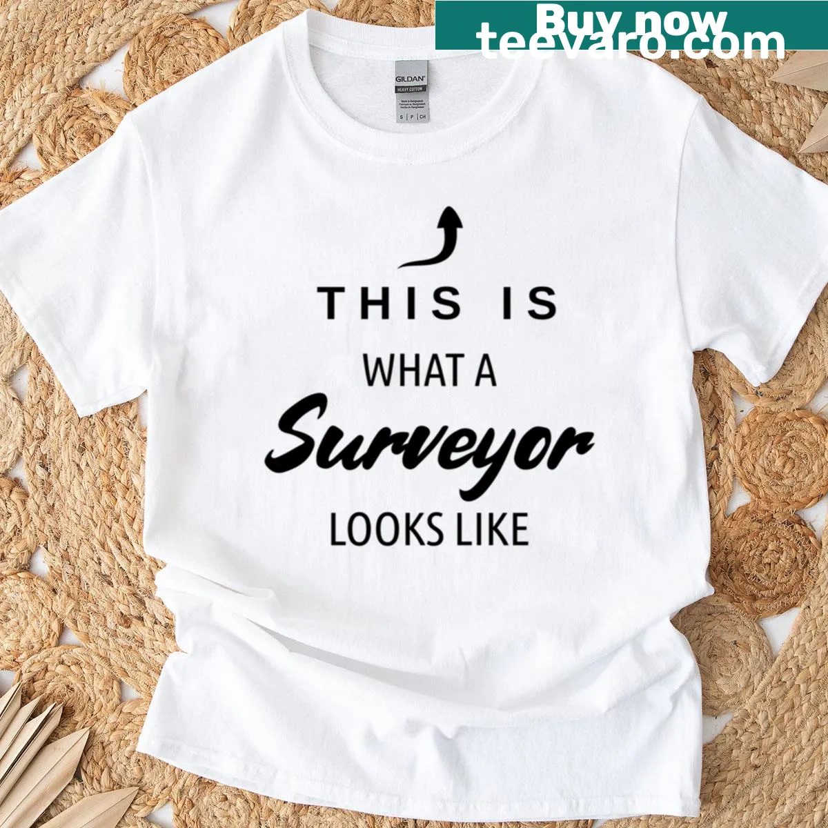 T-shirt humorously representing surveyors with bold text — on a men's t-shirt