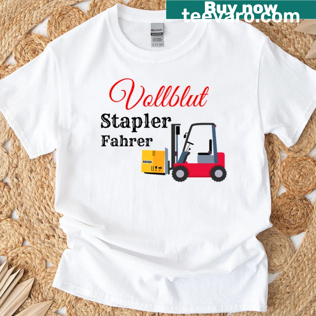 Cartoon forklift and horse graphic on a mechanic t-shirt — on a men's t-shirt
