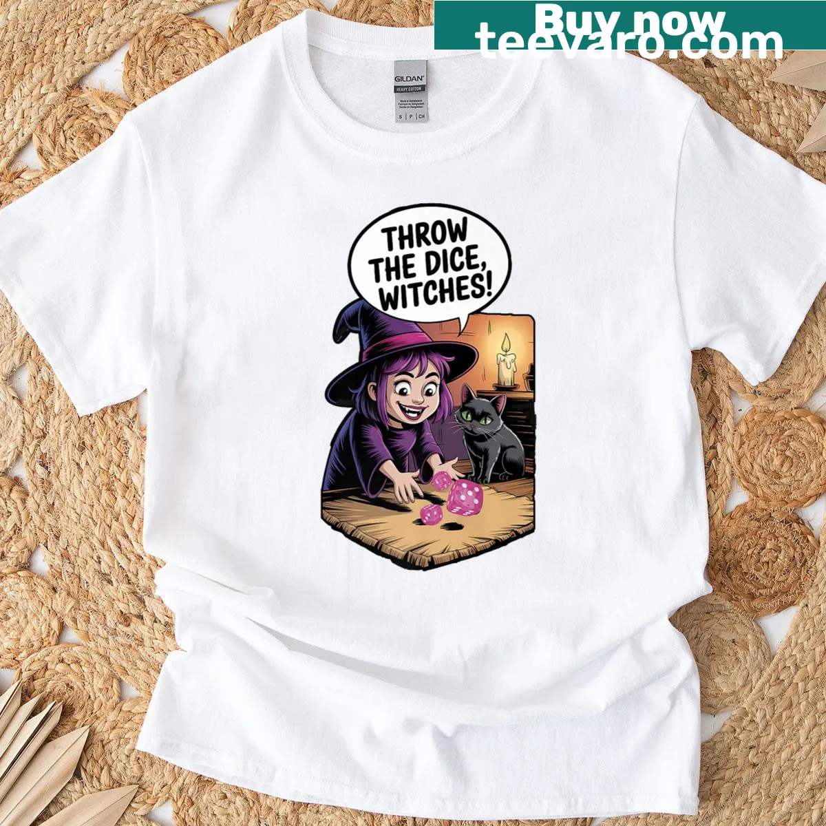 Bunco Halloween T-shirt with the phrase Throw The Dice Witches — on a men's t-shirt