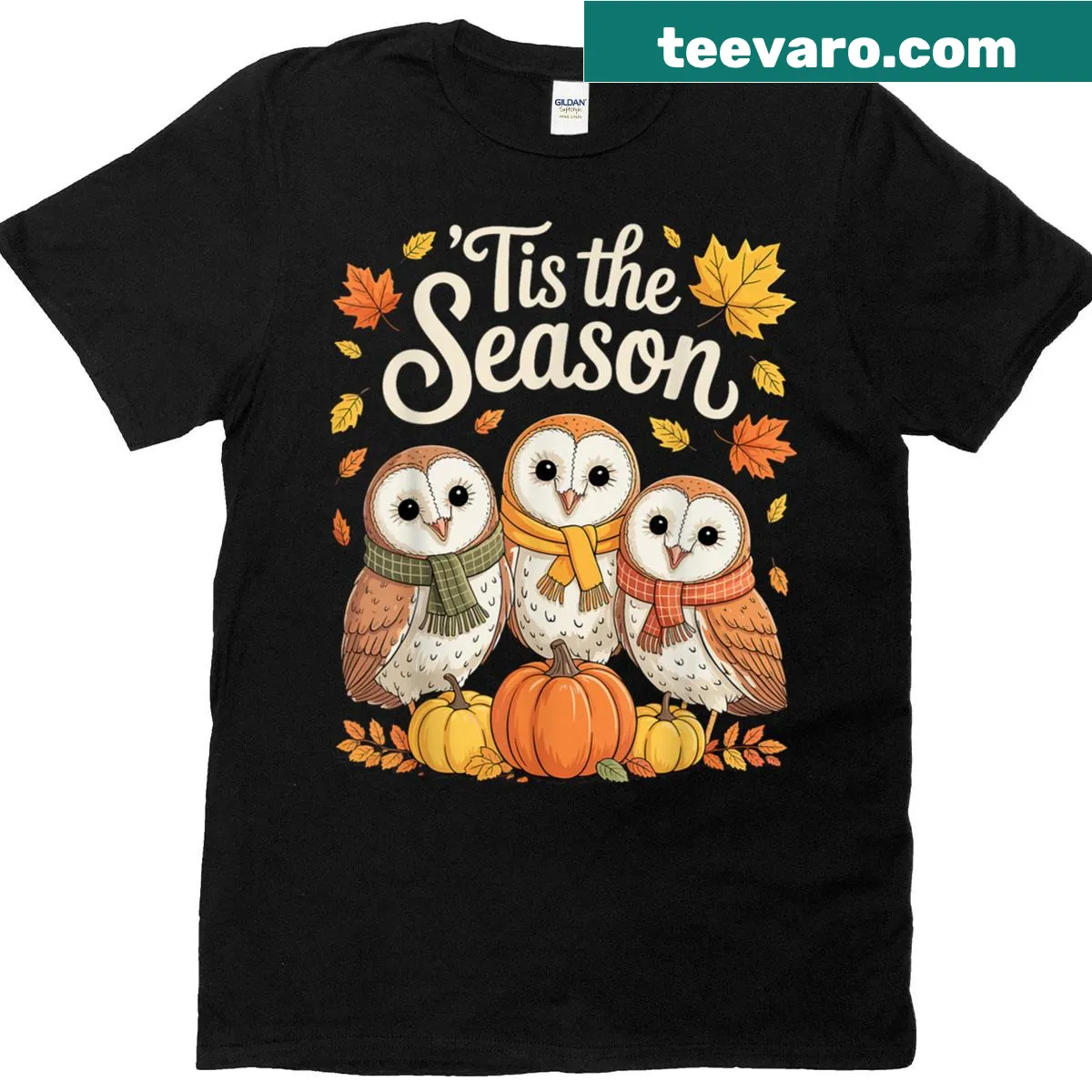 Whimsical design of a barn owl on a pumpkin for autumn T-shirt — on a men's t-shirt