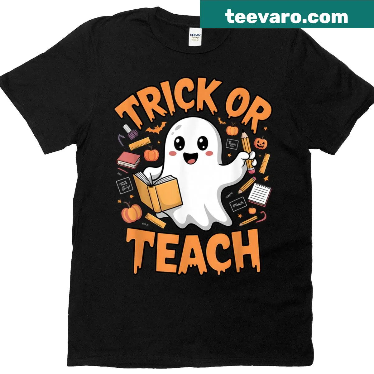 Vintage style Halloween teacher shirt with ghost and text — on a men's t-shirt