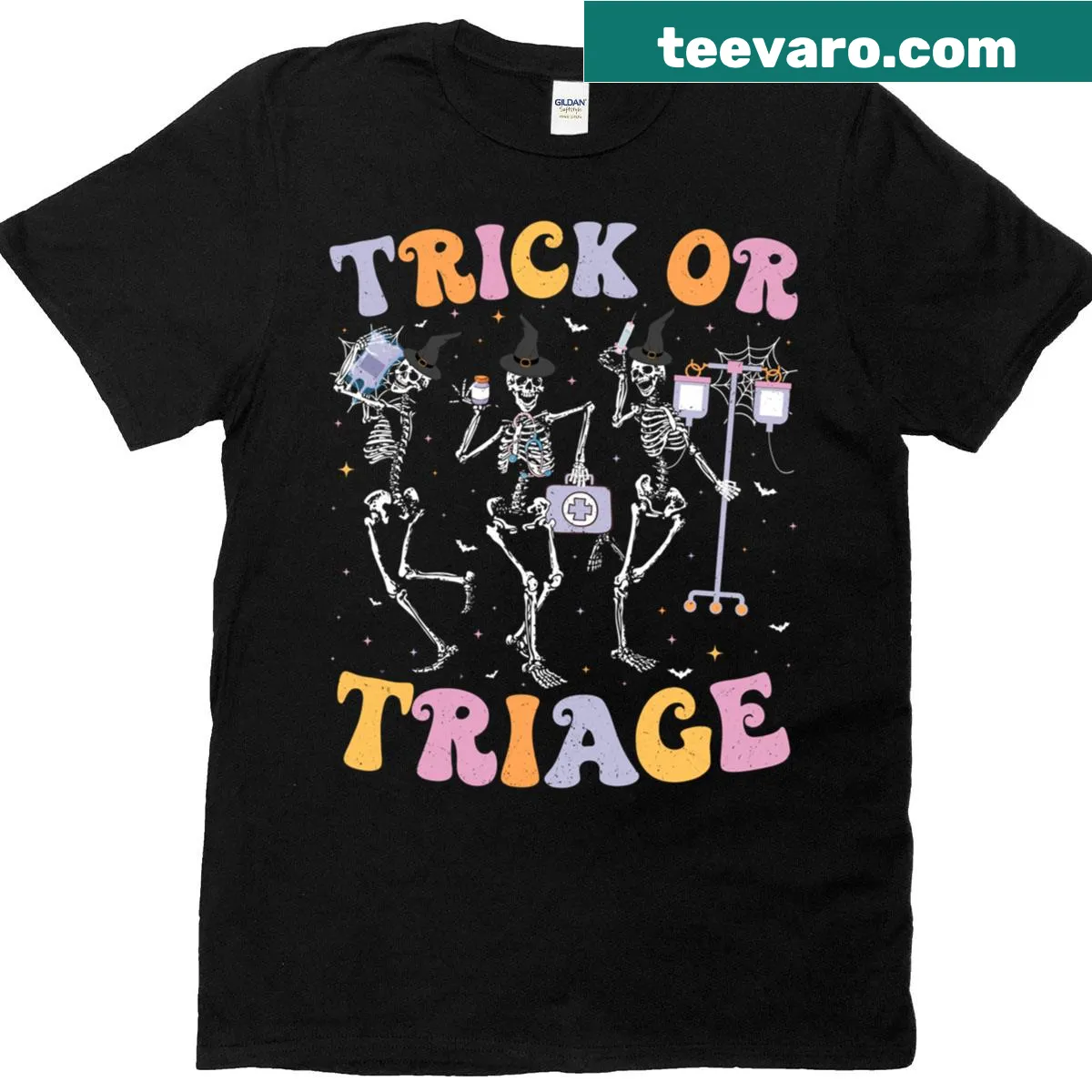 Humorous Halloween T-shirt for ER nurses with 'Trick Or Triage' text — on a men's t-shirt