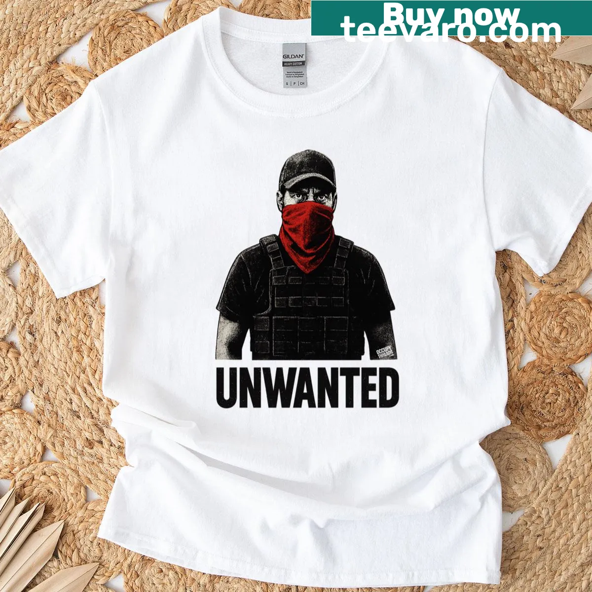 Protest-themed t-shirt with stencil design about occupation — on a men's t-shirt