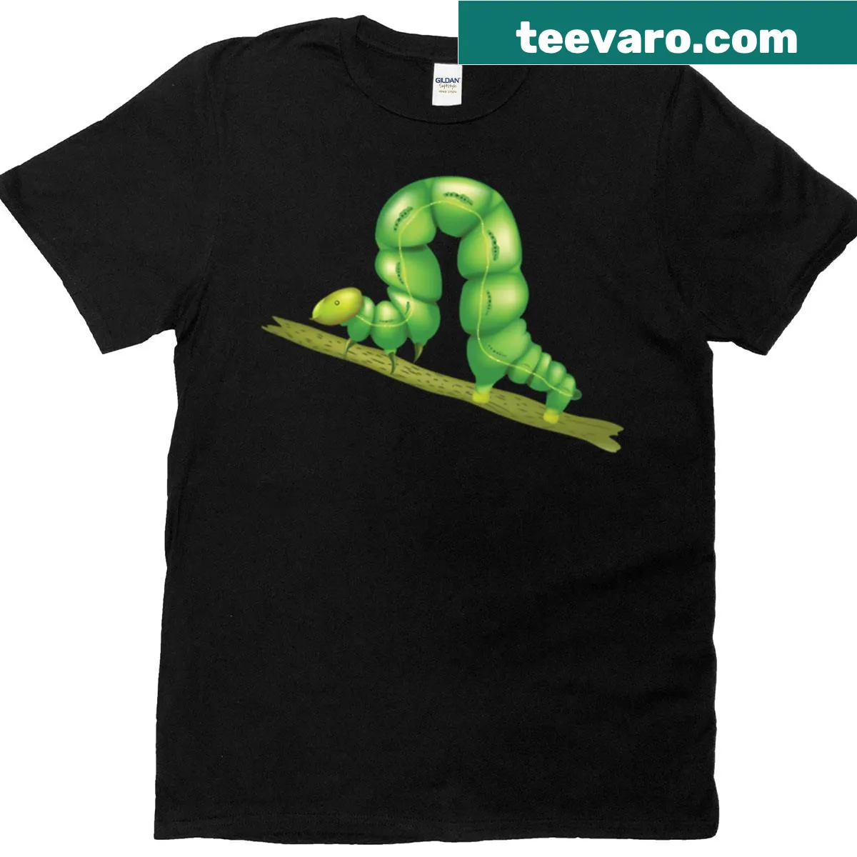 Cartoon design of the Very Hungry Caterpillar on a t-shirt — on a men's t-shirt