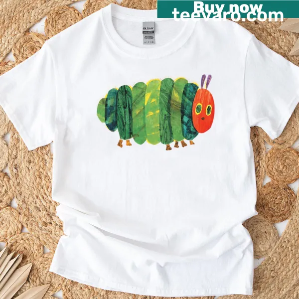 T-shirt featuring a whimsical illustration of a very hungry fat caterpillar